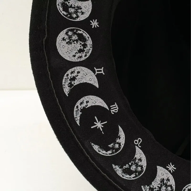 Gothic Unisex Fedora Hat, Woolen Wide‑Brim Hat with Moon‑Phase Star Print Inner, Mysterious Medieval‑Style Party Dress‑Up Cap