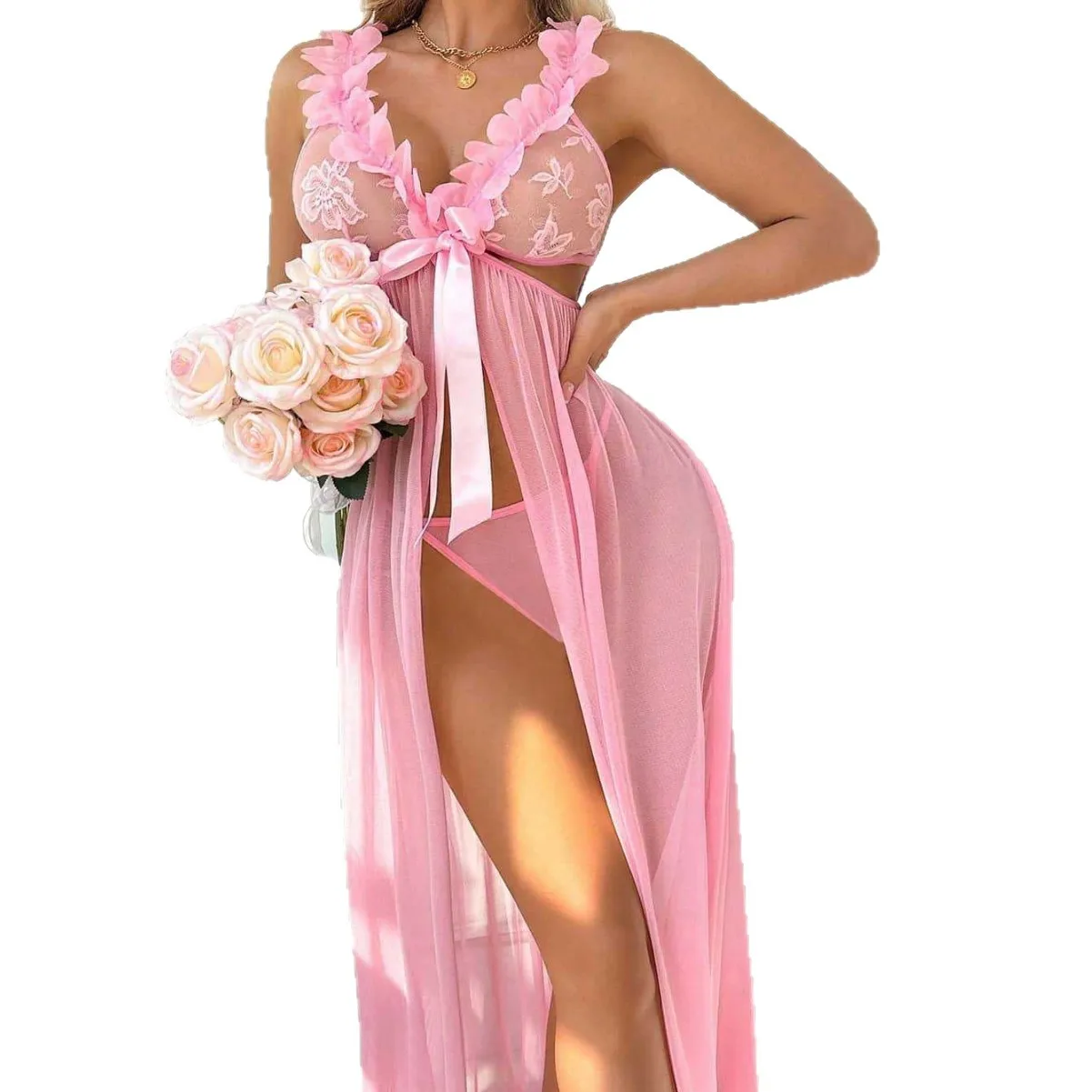 

Sexy Women Nightgowns Pink Floral Sleepwear Summer Slip Night Dress Deep-V Lace Sleep Dress Mesh See Through Baby Doll Nightie