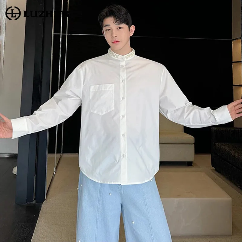 LUZHEN Pearl Decorate Splicing Design Plain Korean Long Sleeve Shirts 2024 Original New Men Stylish Handsome Street Tops LZ6904