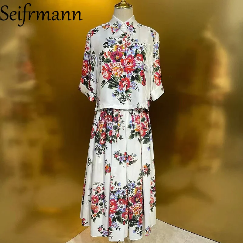 

Seifrmann Fashionable Women's Suit Turn-Down Collar Long Sleeve Single Breasted Top Casual Skirt Cotton Print 2-piece set