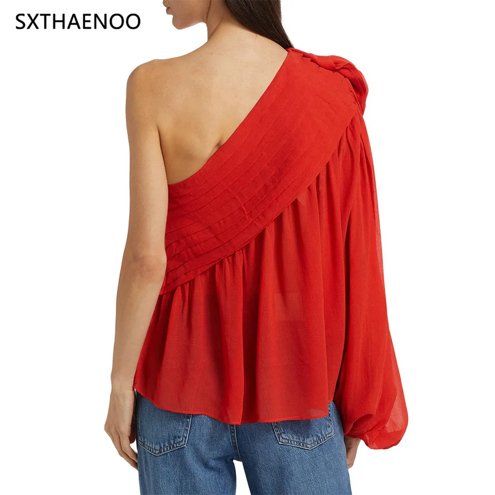 SXTHAENOO European and American Style 2025 New 3D Flower Splicing Single Shoulder Sleeve Solid Color Patchwork Shirt For Women