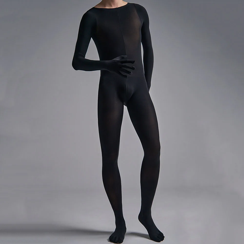 Fashionable Men\\\'s Long Sleeve Bodysuit Leotard  Solid Color Jumpsuit Underwear  Five Fingers in Velvet Material