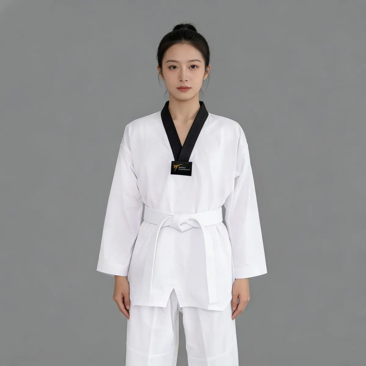 Taekwondo Uniform Breathable Mesh Armpit Black V-Neck TKD Uniforms for Kids Adults Dobok Poly/Cotton White Belt Included