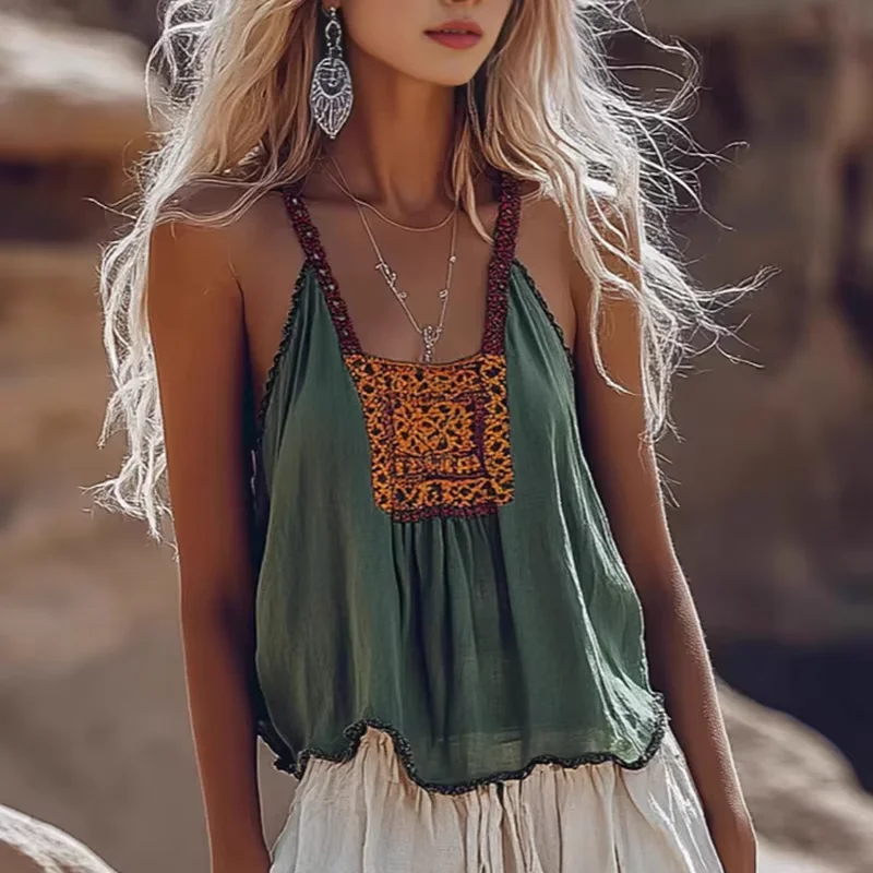 

Summer V Neck Print Vacation Sling Shirt Sexy Lace Pleated Ethnic Retro Hollow Tops Sleeveless Beach Vest Bohemian Woman Clothes