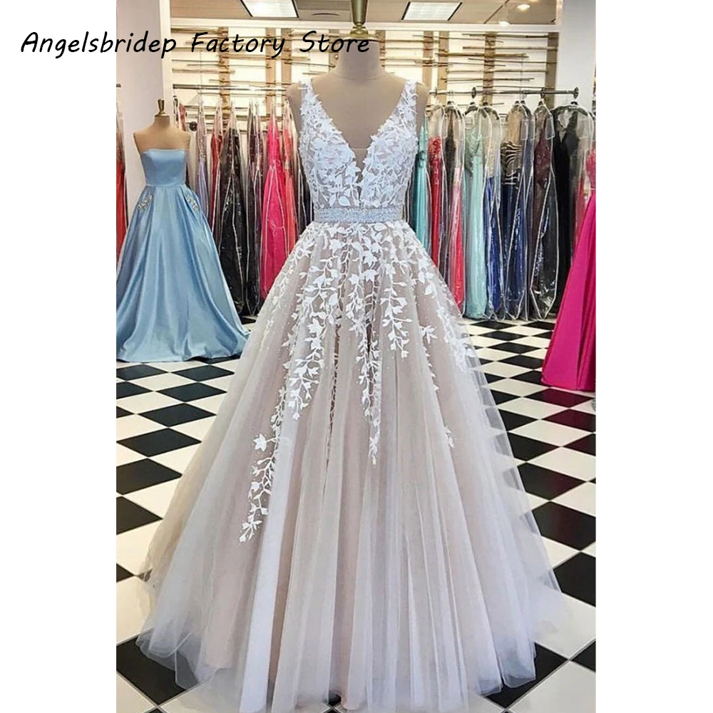 

Angelsbridep 2022 Sexy Prom Dress Floor Length V-neck Yulle A-Line Evening Gown Dresses Saudi Arabia Duabi Plus Size Lace-up