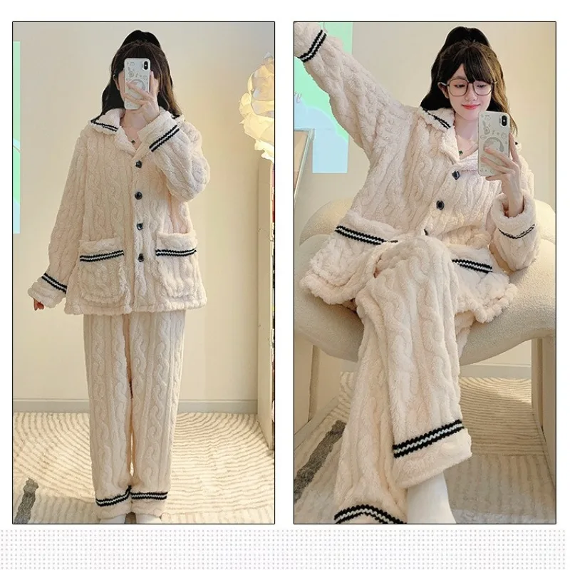 M-6XL Large Size Winter Pajamas Set Women's Soft Plush Coral Fleece Sleepwear Korean Student Sweet Flannel Warm Loungewear Pjs view 6