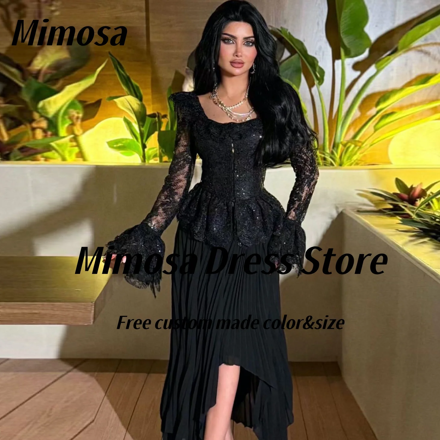 Mimosa 2-Pieces Black Prom Dresses 2025 Long Sleeves Lace Top Evening Gowns Pleats Chiffon High Low Party Dress Customized