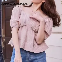 V-neck Pleated Shirts & Blouses Short Sleeve 2024 Woman Blusas Tunic Hem Ropa Mujer Japan Style Camisas Summer New Roupas