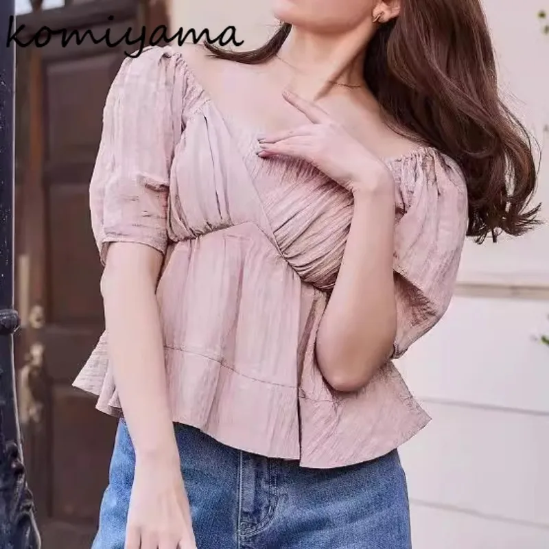 V-neck Pleated Shirts & Blouses Short Sleeve 2025 Woman Blusas Tunic Hem Ropa Mujer Japan Style Camisas Summer New Roupas