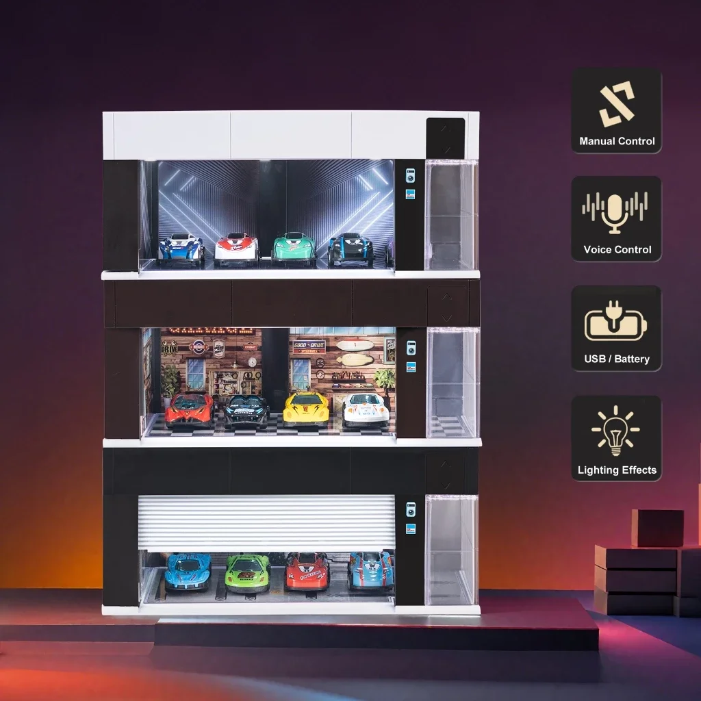 

1/64 диорама, имитация модели гаража, забавная электрическая интеллектуальная парковка с голосовым управлением и подсветкой, модель сцены, демонстрационные коробки