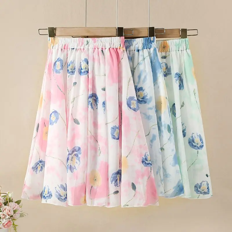 Vintage Bohemian Floral Print A Line Midi Skirt with Watercolor Design for Wome Girls Lightweight Chiffon Country Garden Skirt