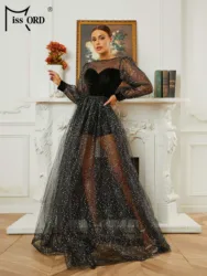 Missord 2024 New Wedding Birthday Party Dress Black Round Neck Long Sleeved A Line Evening Formal Occasion Dresses