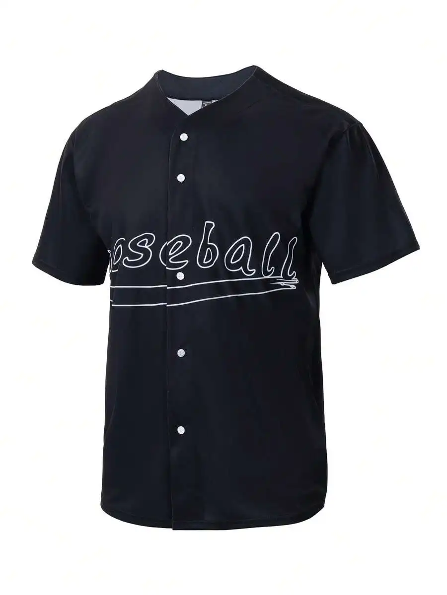 

Mens Baseball Jersey Style Button Up T-Shirt Casual Sport Top