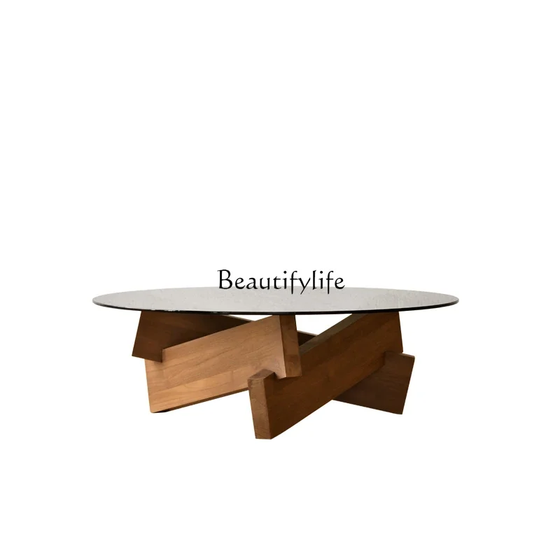 

12Nordic Simple Tea Table Teak Solid Wood Japanese Style round Glass Tea Table
