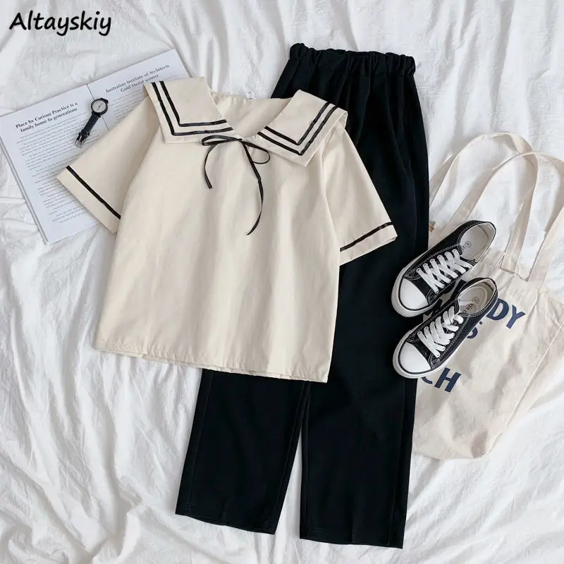 

Women Sets T-shirts Wide Leg Pants Sailor Collar Bow Loose Retro Gentle Kawaii Design Japanese Style College Young Casual Trendy