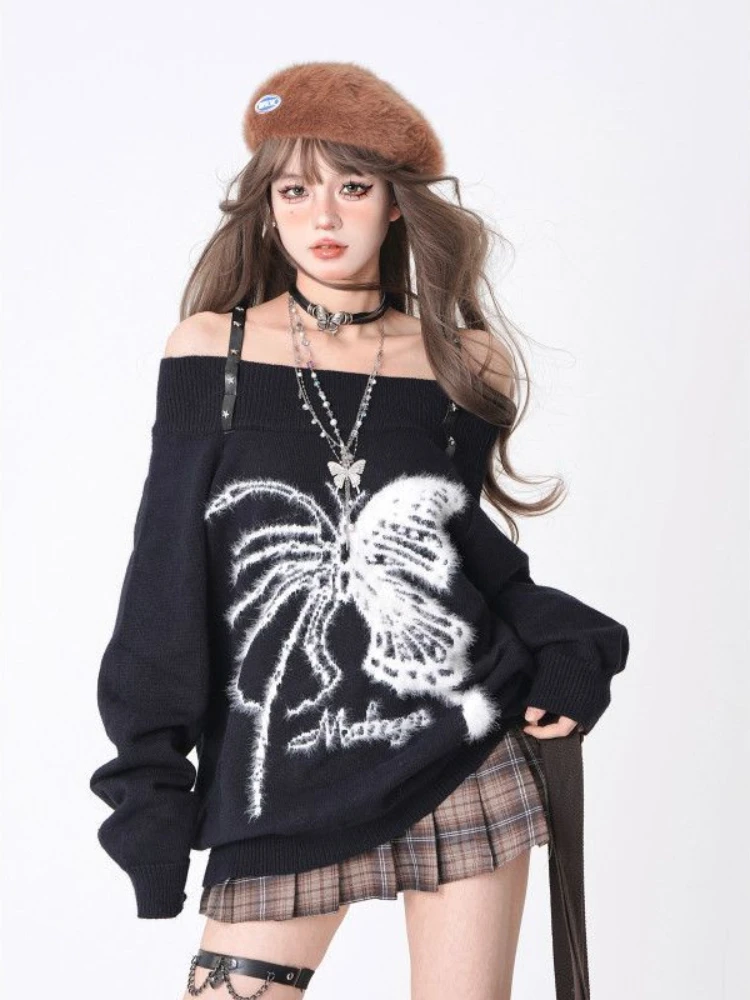 QWEEK Gothic Butterfly Goth Harajuku Sweater Women Off Shoulder Oversize Black Pullovers Emo Grunge Punk Long Sleeve Tops 2024