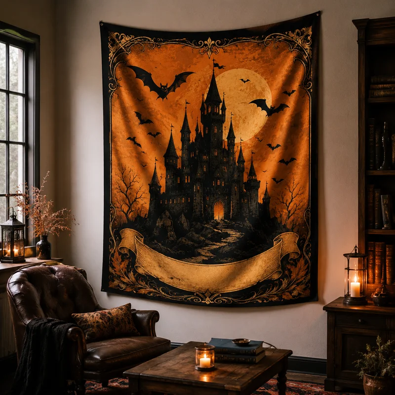 VIKAMA Vintage Halloween Castle Tapestry, Mysterious Gothic Bat Wall Hanging, Halloween Bedroom Decor for a Spooky Atmosphere