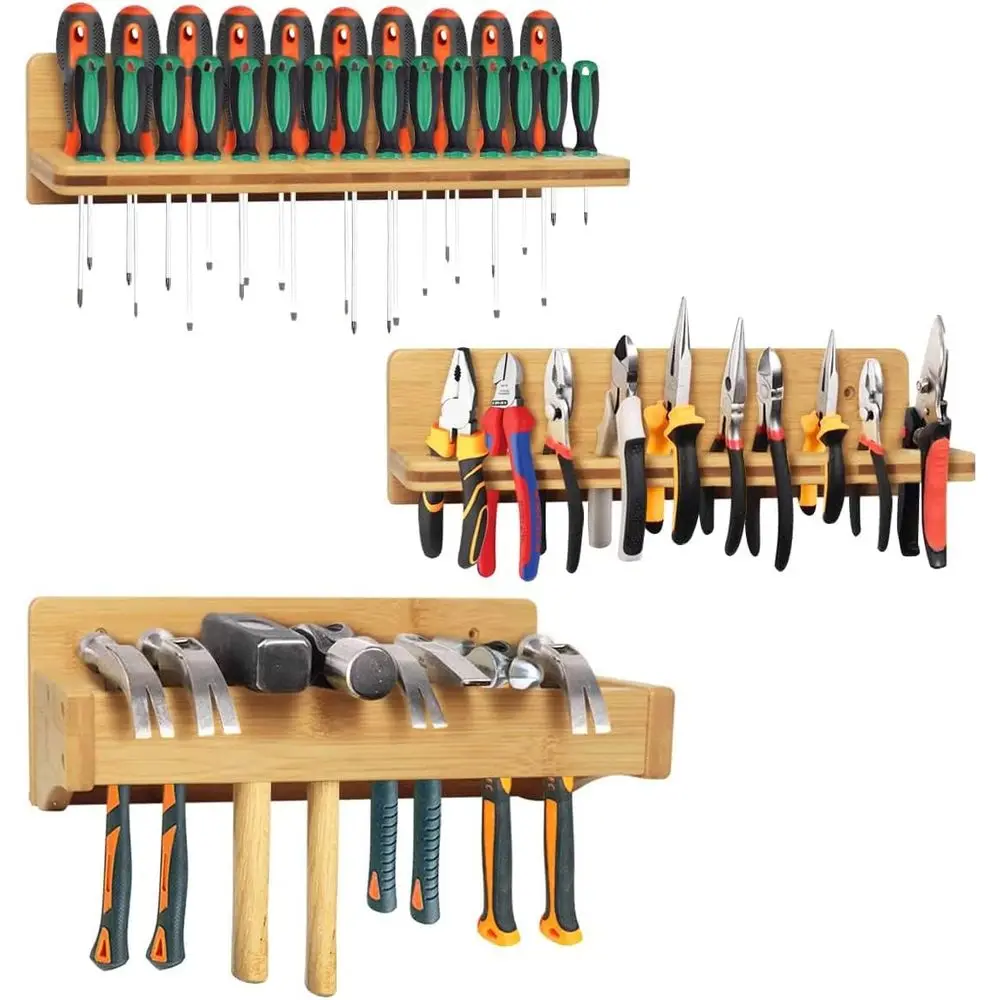 

Wall Mounted Screwdriver Rack, Bamboo Pliers Holder, Hammer Wall Rack, Tools Storage, Garage Workshop - 3 Pack
