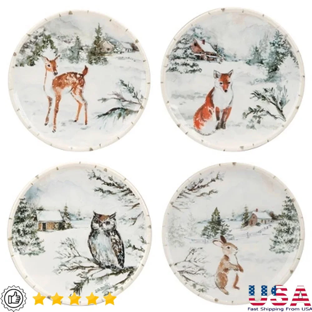 

Set of 4 Winter's Frost Dessert Plates Earthenware Holiday Tableware Snowy Landscape Wildlife Design Dishwasher Microwave Safe