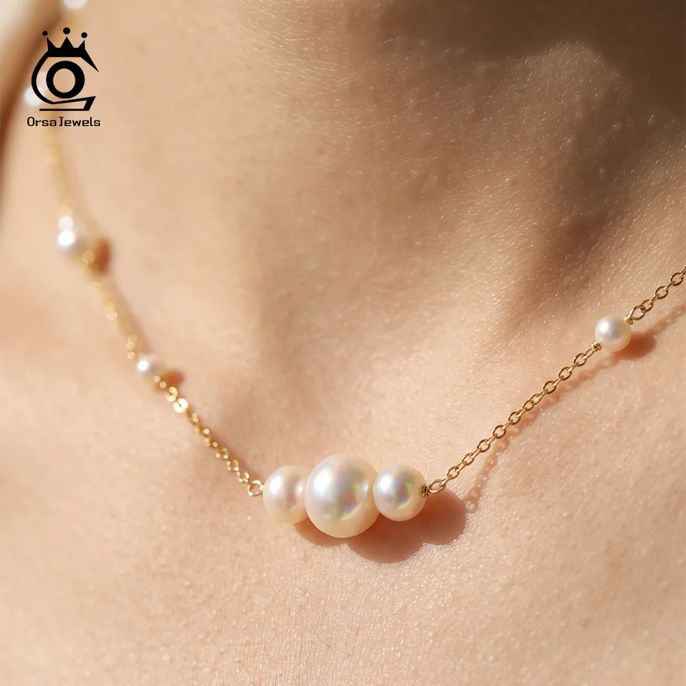 ORSA JEWELS 925 Sterling Silver Gold‑Plated Multi‑Bead Freshwater Pearl Necklace Adjustable Thin Chain Choker for Women GPN117