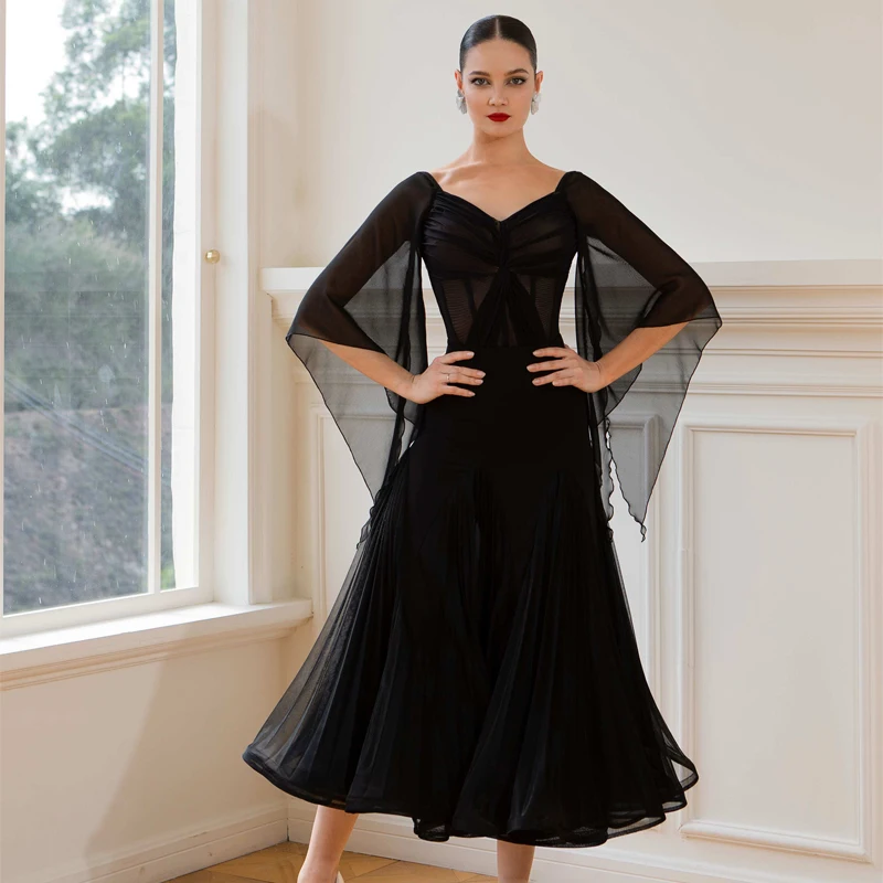 Black Floating Sleeves Latin Top Cake Skirt Female Waltz Ballroom Dance Competition Clothes Adults Stage Performance Dress 10239