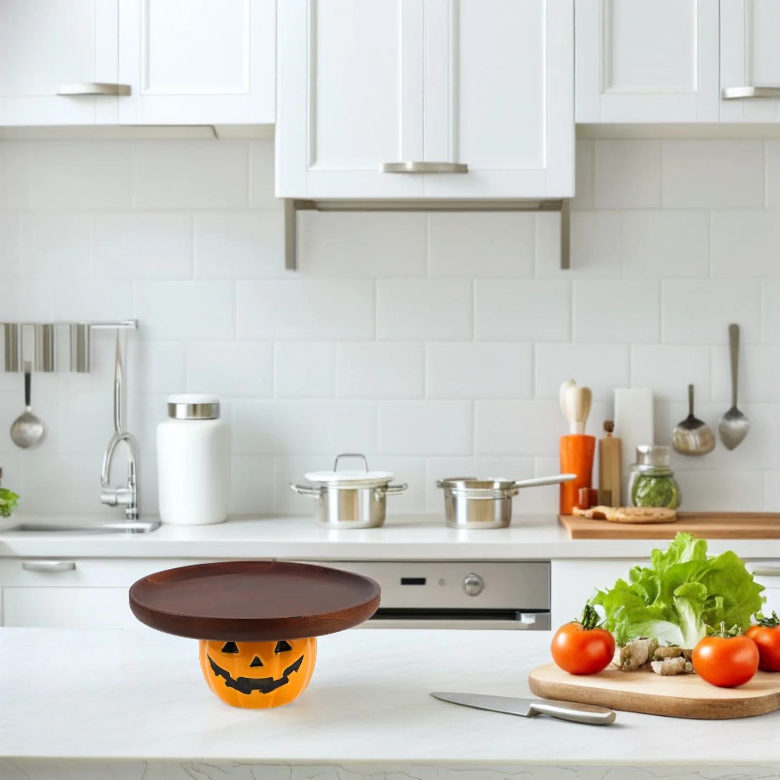 

Halloween Pumpkin Tray Rustic Ceramic Wood Dessert Serving Platter Cake Bread Candy Display Stand Party Snacks Food Plate