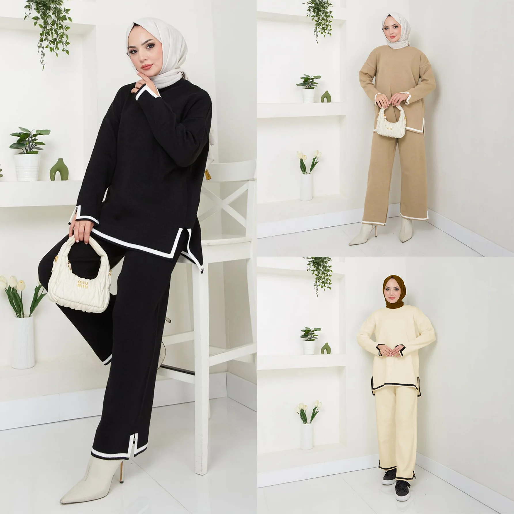 Muslim Women 2 Piece Set Knitted Outfits Sweater Tops Wide Leg Pants Suit Islam Clothing Ramadan Dubai Abaya Kaftan Warm Turkey