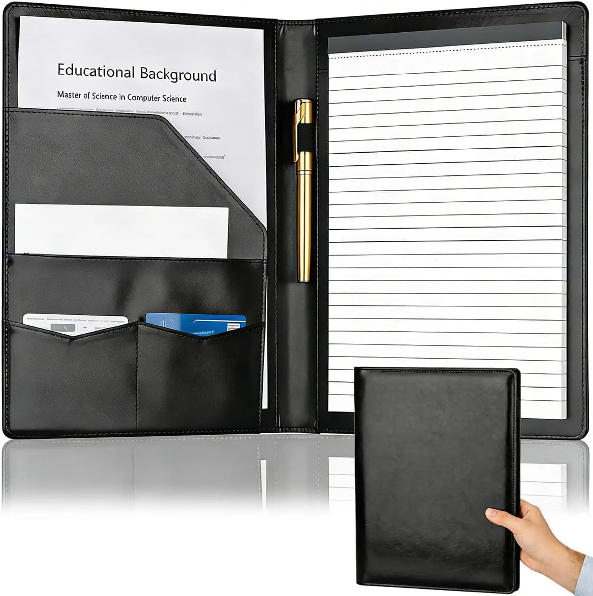 

Faux Leather Padfolio, Letter Size Writing Pad & Business Card Holder, A4 Professional Folder for Office Conference Interviews, Black