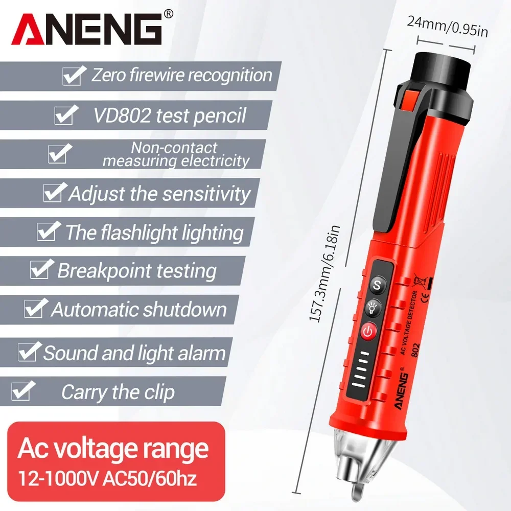 ANENG VD802 Medidor de testador detector de tensão CA sem contato 12V-1000v estilo caneta indicador elétrico LED medidor de tensão