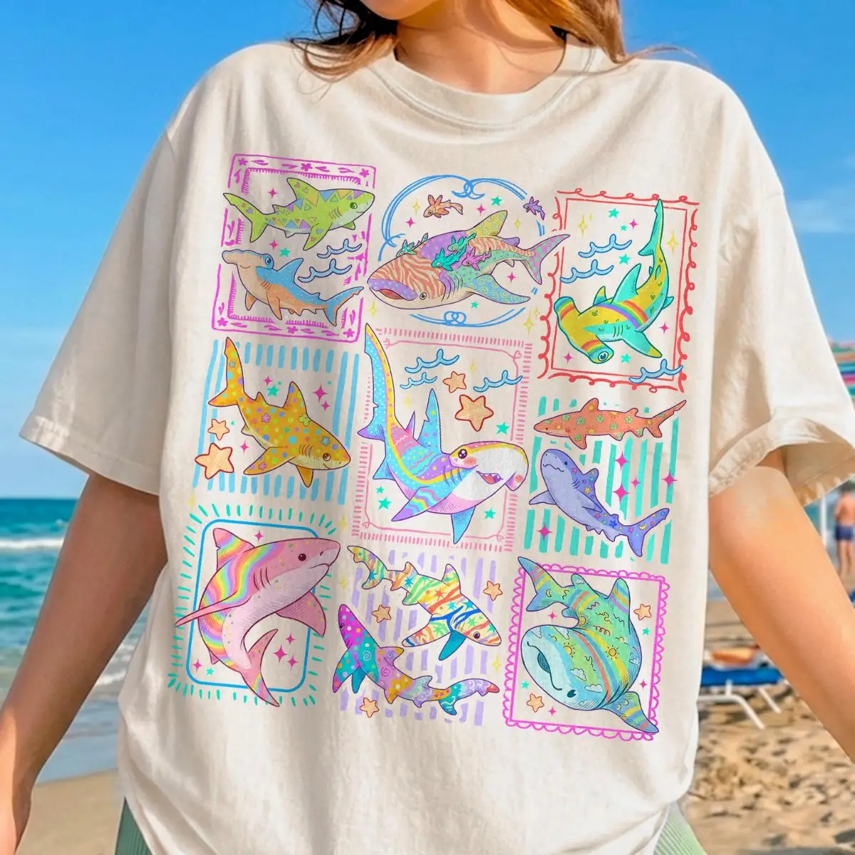 Vintage Pastel Colorful Shark Collage T Shirt Cute Sea Creature Graphic Tee Summer Beach Ocean Lover Casual Clothing