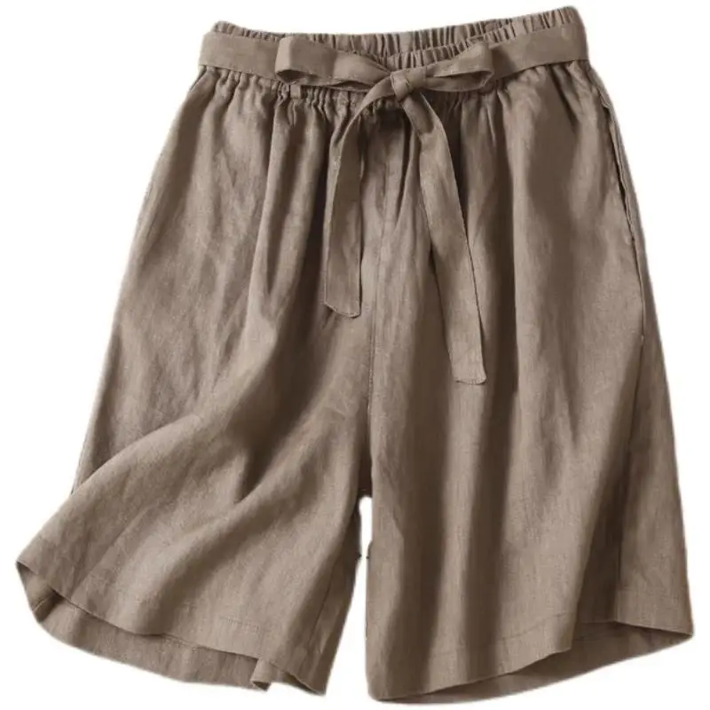 女性蝶ネクタイウエストバンドコットンリネンルーズワイドレッグリネンカジュアル5分パンツ