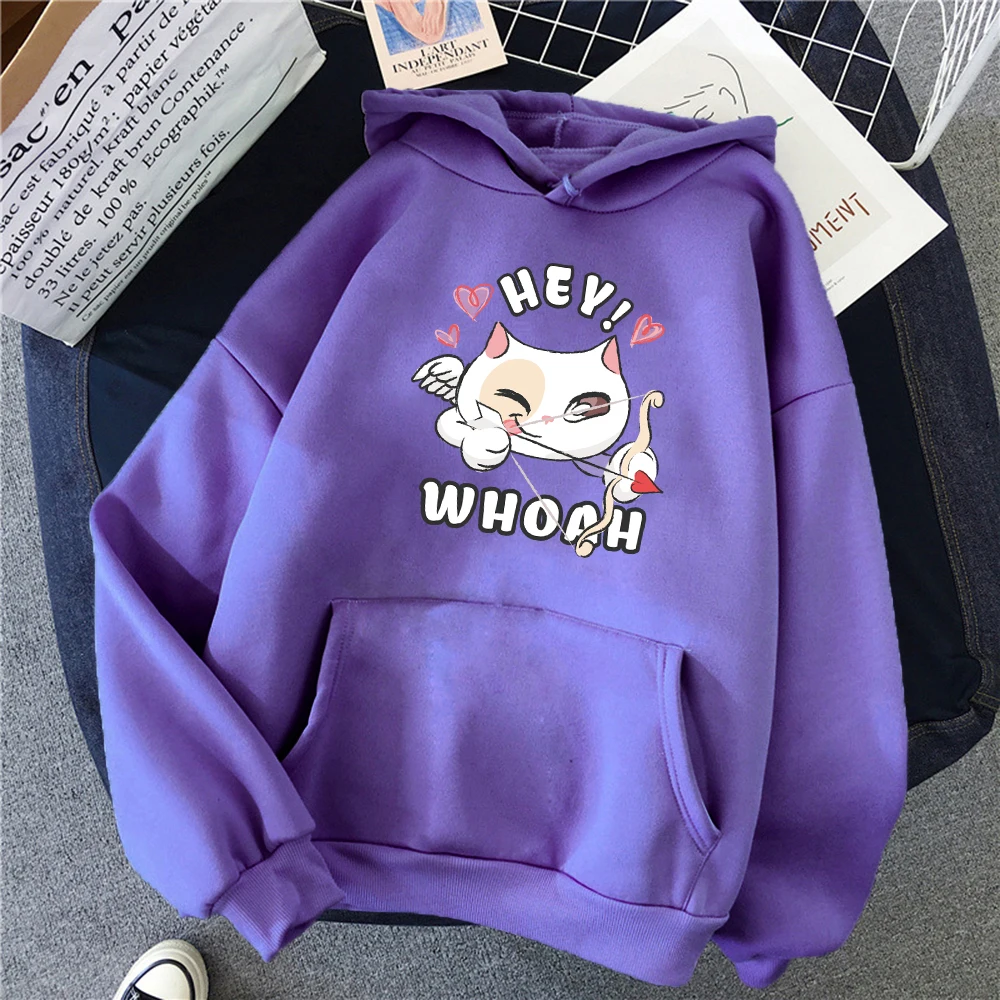 Hey Hoodie motif kucing mencintai wanita Hoodie saku kepribadian wanita Hoodie bulu domba mode pullover Hip Hop pakaian hangat uniseks