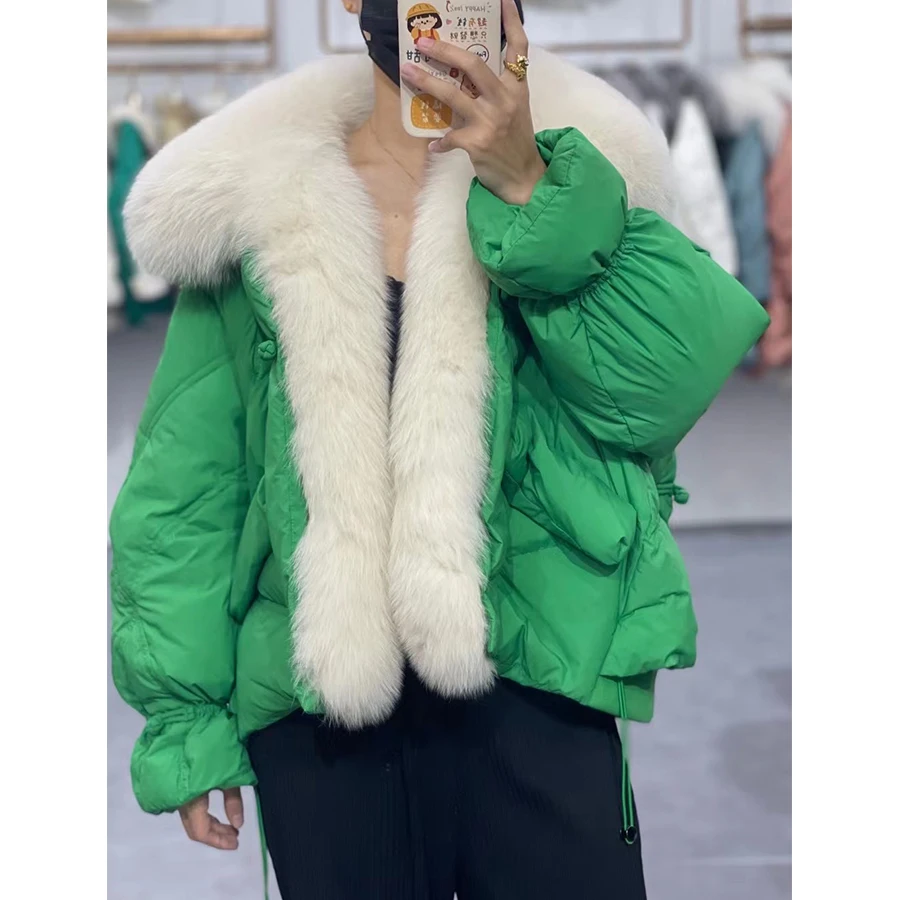 MENINA BONITA 2023 Fashion Real Fur Coat Women Goose Down Jacket Luxury Brand Natural Silver Fox Fur Collar Coat Warm Streetwear