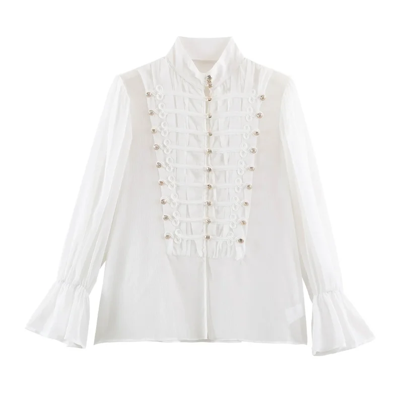 2026 Neue Kollektion Damenkleidung Rüschenbluse Luxuriöse Vintage-Style Hemden Langärmelige Hemden mit Trompetenärmeln Elegantes Abendhemd – Detail 21