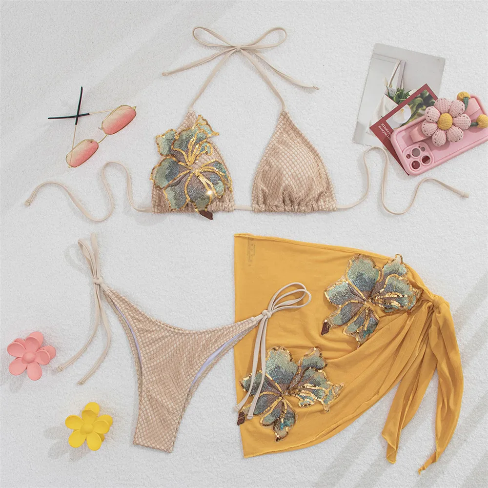 

Shiny Applique Halter String Bikinis Sets 3 Pieces Mesh Coverup Swimwear Micro Thong Triangle Sexy Swimsuit Women 2026 Beachwear