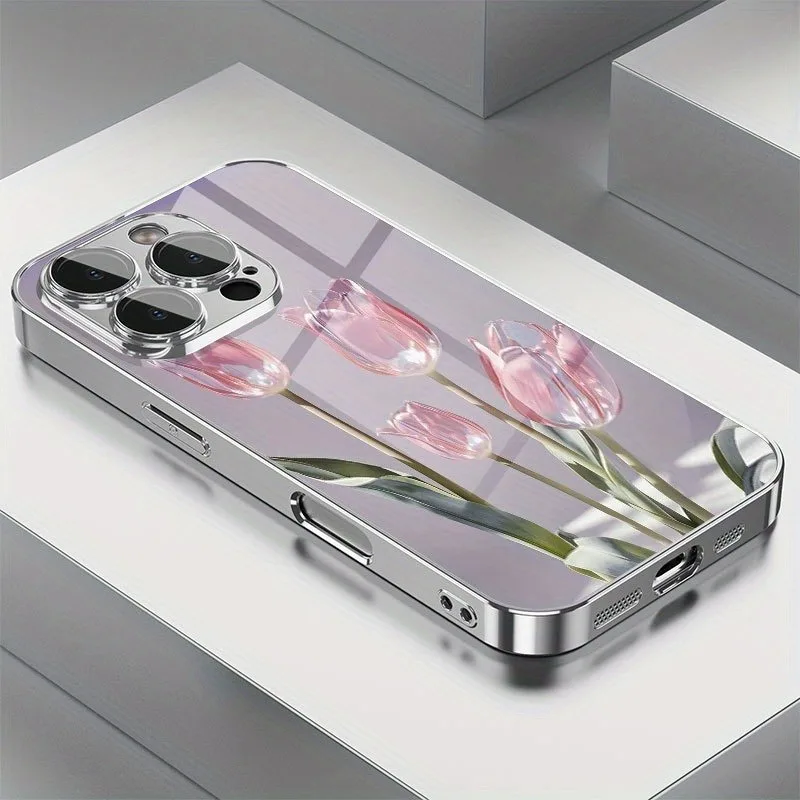 Pink Glass Tulip Pattern Glass Electroplated Phone Case For iPhone 17 16 15 14 13 12 11 Pro Max Plus 16E 17 Air Protective Cover