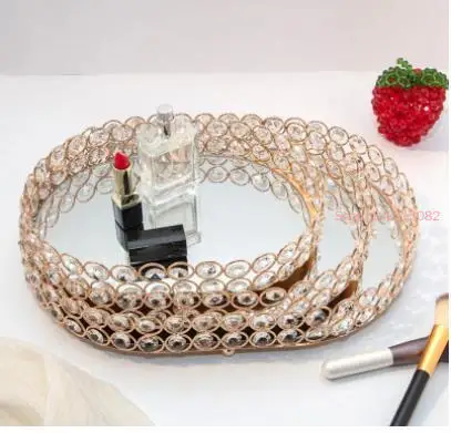 

European Rhinestone Trays Decorative Glass Mirror Storage Tray Dressing Table Jewelry Display Plate Cosmetic Containers