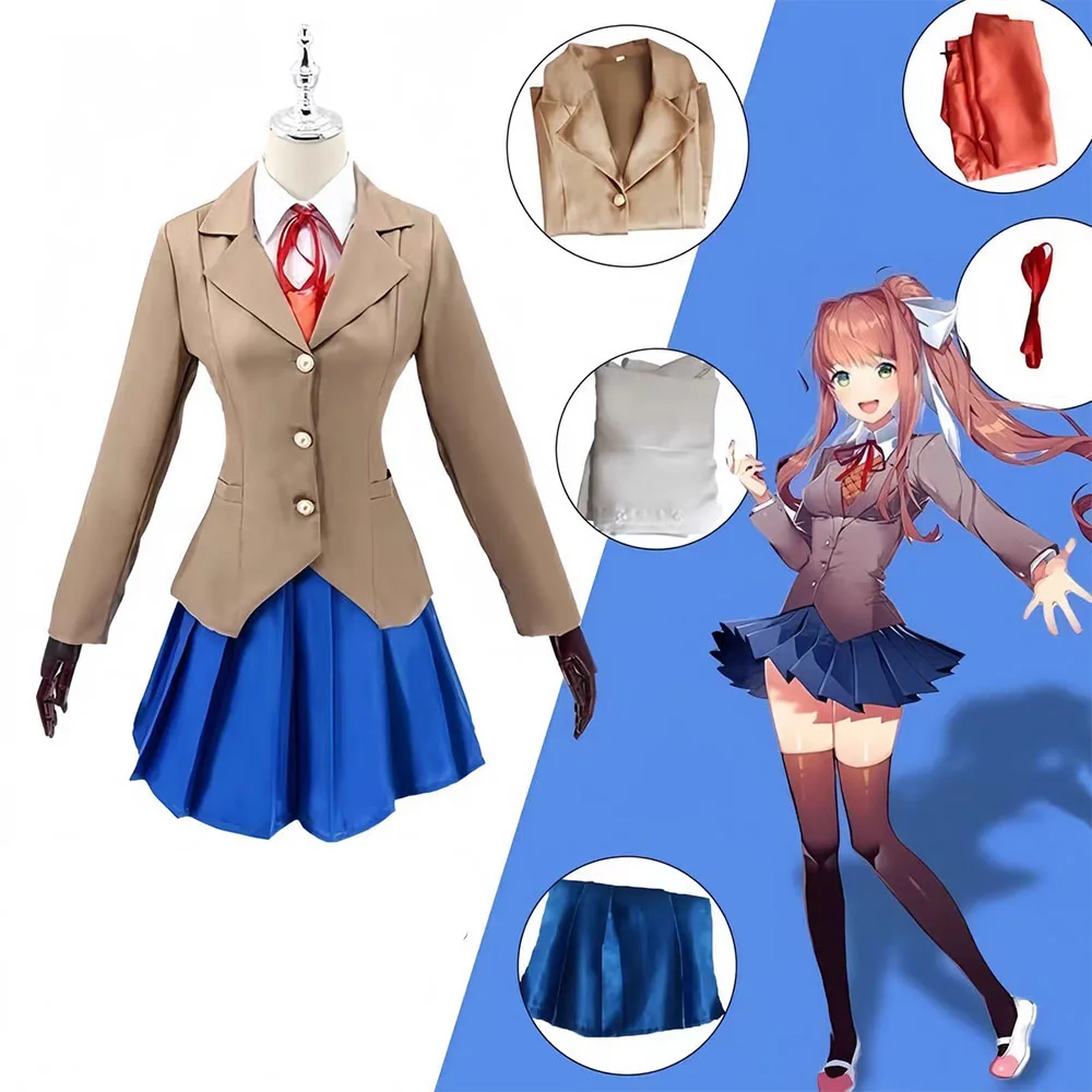Game Doki Doki Literature Club Cosplay Monica Komplettset Braune Jacke Sayori Yuri Natsuki Cosplay Uniform Halloween Party Outfit
