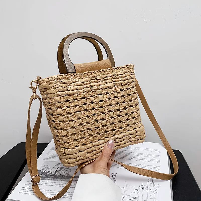 JIOMAY Straw Bags Summer 2023 Women Tote Bags Designer Handbags PurseS Weave Drawstring Closure Wooden Handle Beach Shoulder Bag