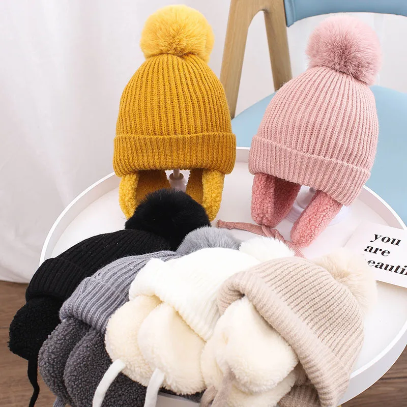 Winter Thick Baby Hat Big Pompom Beanie with Earflap Wool Plush Children Knitted Cap for Girls Boys Warm Kids hats 2-8T