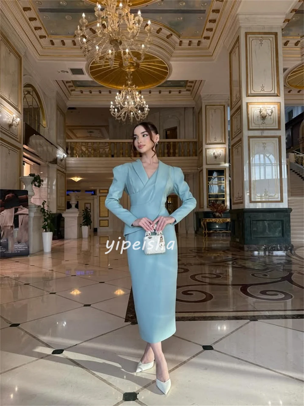 Индивидуальные современные стильные элегантные трикотажные платья с рюшами и драпировкой, прямые платья до щиколотки с v-образным вырезом, платья на заказ, модные ретро-платья