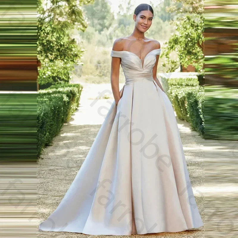 Customized Simple Pleat Satin Sweetheart Wedding Dresses 2024 Women Off The Shoulder Vestido De Novia Bridal Gown With Pockets