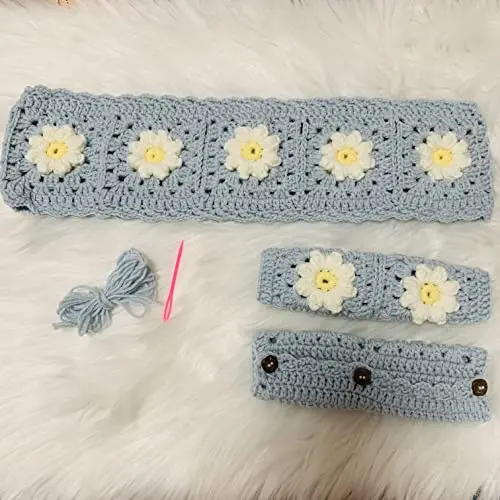 

Sky Blue Handcrafted Crochet Steering Wheel And Seat Belt Covers With White Puff Flowers For Car Interior Decor