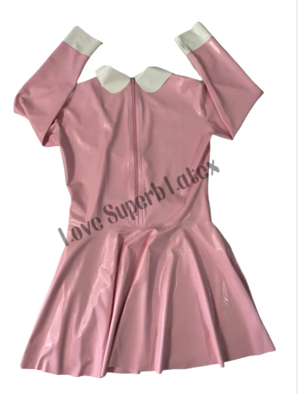 

Pink/Black and White Round Collar Maid Latex Dress with Back Zip Rubber Dresses Handmade Supply Plus Size Tailored Made