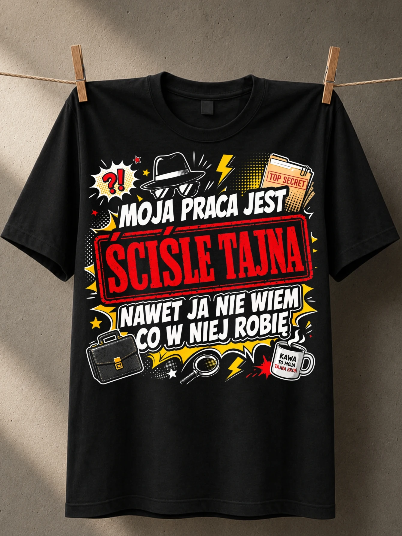 Moja praca jest scisle tajna comic quote spy folder magnifier briefcase bright secret work humor  Unisex All T-Shirt
