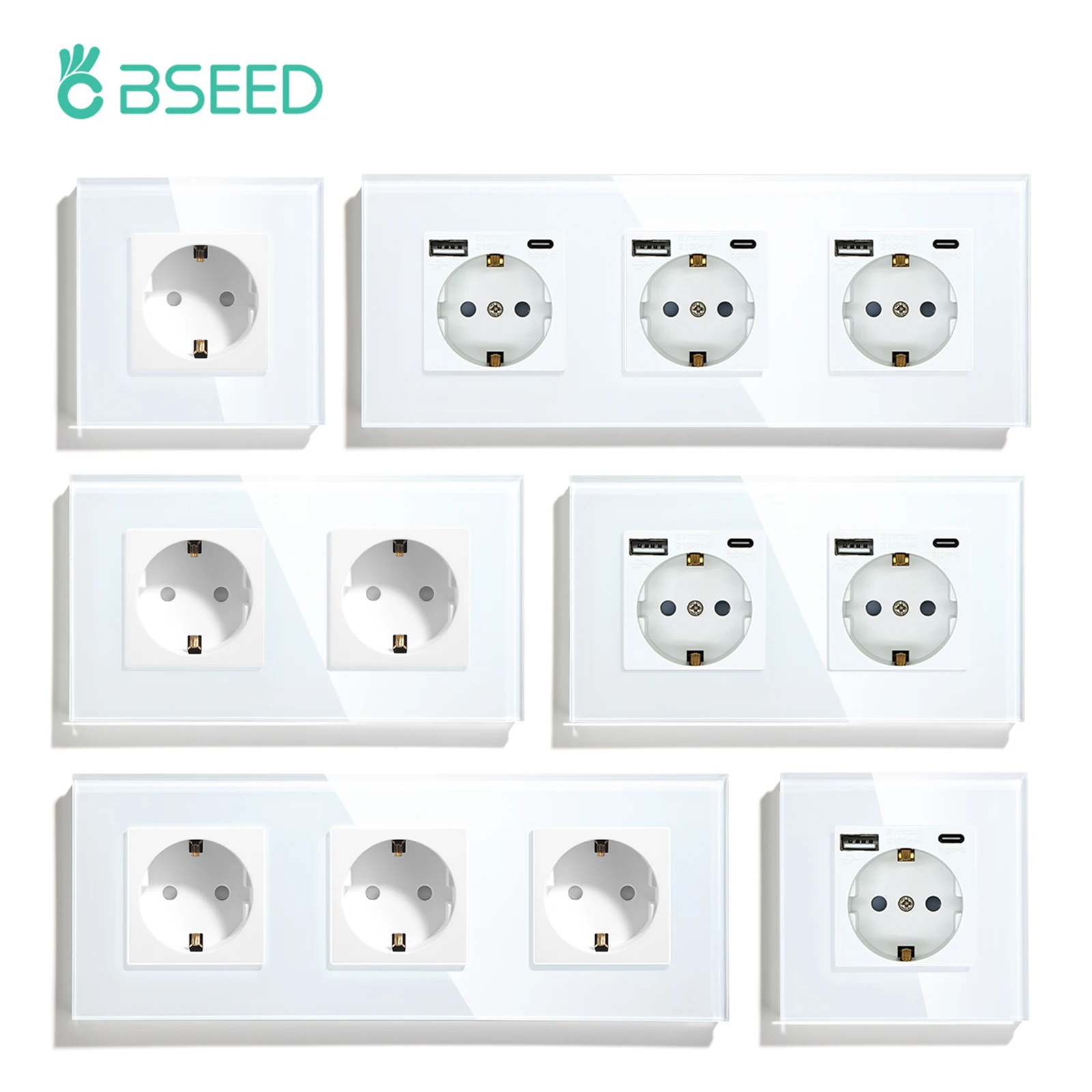 BSEED EU Standard Wall Sockets Single Power Outlets Double Frame Sockets Glass Panel Triple Plug Sockets Kids Protection 16A