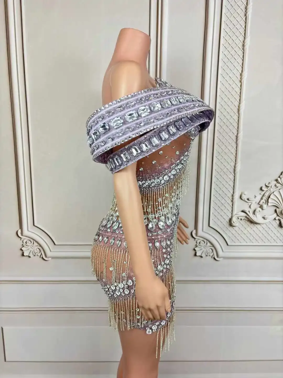 Women Rhinestone Fringe Sparkly Birthday Celebrate Singer Stage Performance Wear Dress Prom 2025