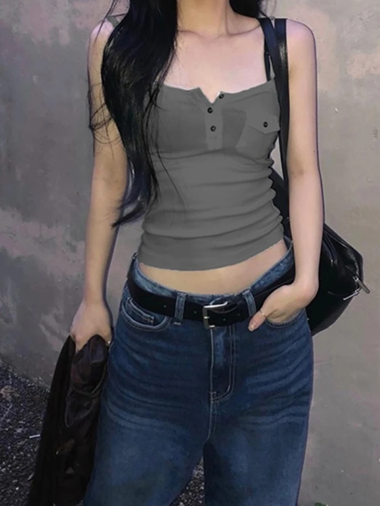 Solid Camis Pocket Crop Top Spaghetti Strap Sexy Tops For Women Fashion Clothing Buttons Tank Top Ropa De Mujer Camison Verano