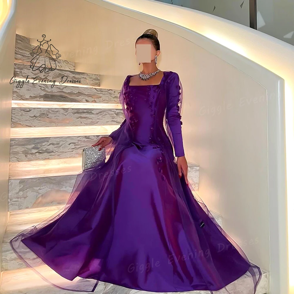 Giggle Square collar Satin Luxury Appliques A-Line Party gown Floor Length Long Sleeve saudi evening dresses women elegant 2024