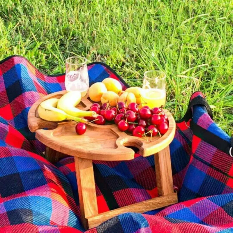 Portable Wooden Folding Picnic Table Holder Wine Glass Rack for Cheese Fruit for Picnic Foldable Outdorr Desk Table Small